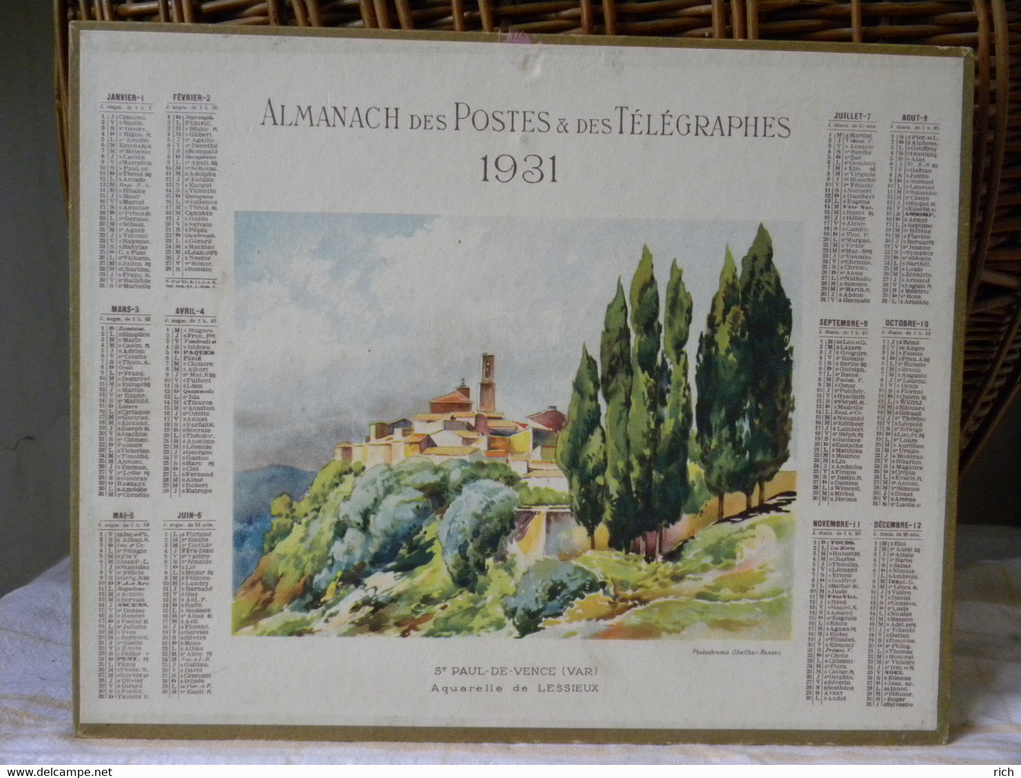 Almanach Calendrier Des Postes Et Des Télégraphes 1931 (St Paul De Vence (Var) Aquarelle De Lessieux - Grossformat : 1921-40