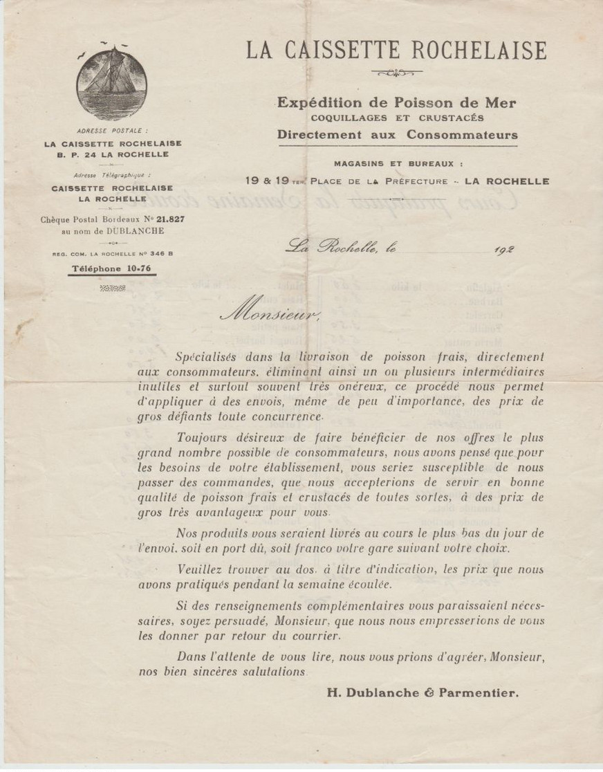 CHARENTE Mme: LA CAISSETTE ROCHELAISE, Expédition De Poissons & Coquillages Avec Prix, Années 20 - Lebensmittel