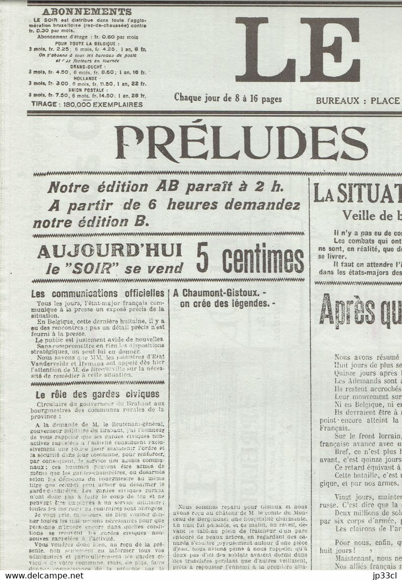Préludes De Batailles Fac-similé De La Une Du Journal Le Soir (Belgique) Du 20 Août 1914 - Documents Historiques