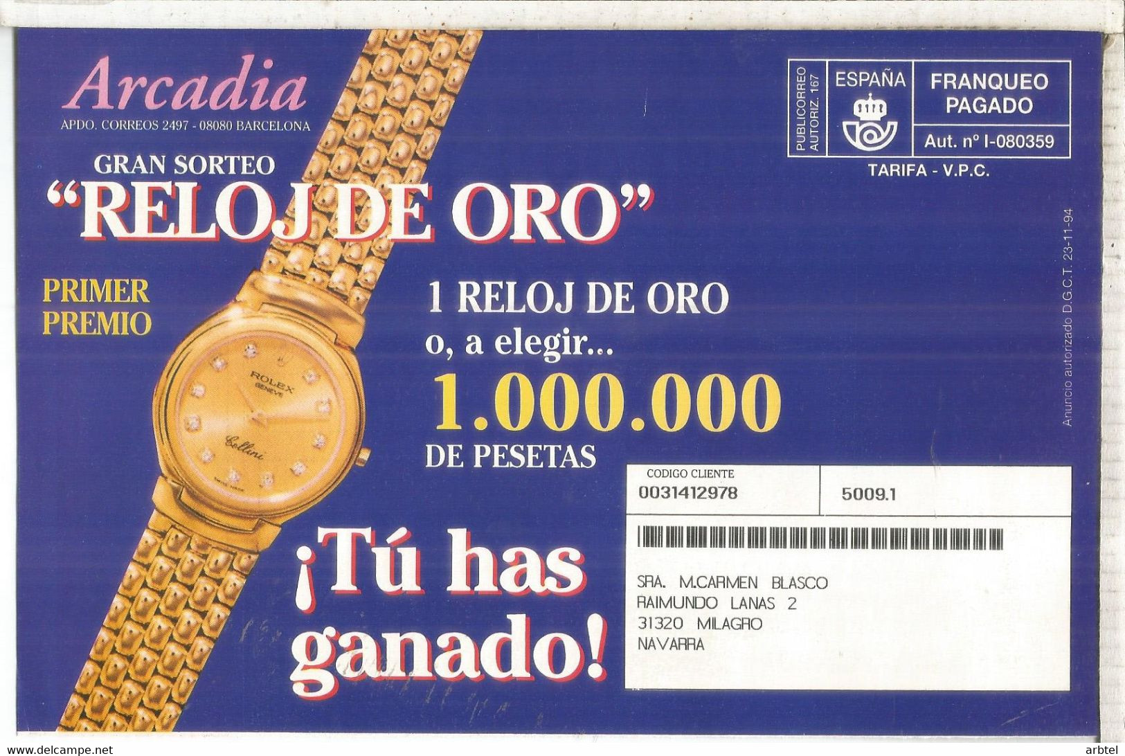 ESPAÑA SPAIN FRANQUEO PAGADO ARCADIA RELOJ DE ORO GOLD WATCH - Horlogerie