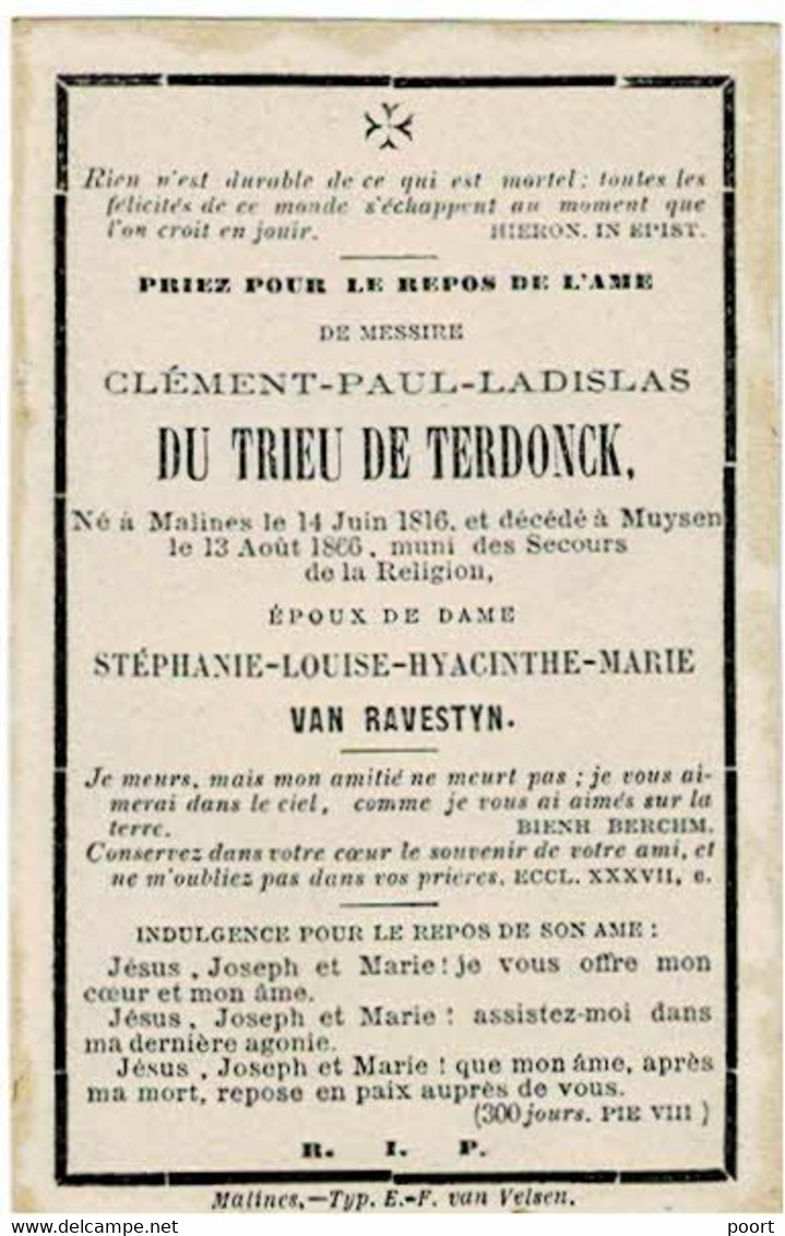 MUIZEN / MECHELEN - Clément Paul Du TRIEU De TERDONCK - Echtg. S. Van RAVESTYN- °1816 En Overleden 1866 - (Franstalig) - Santini