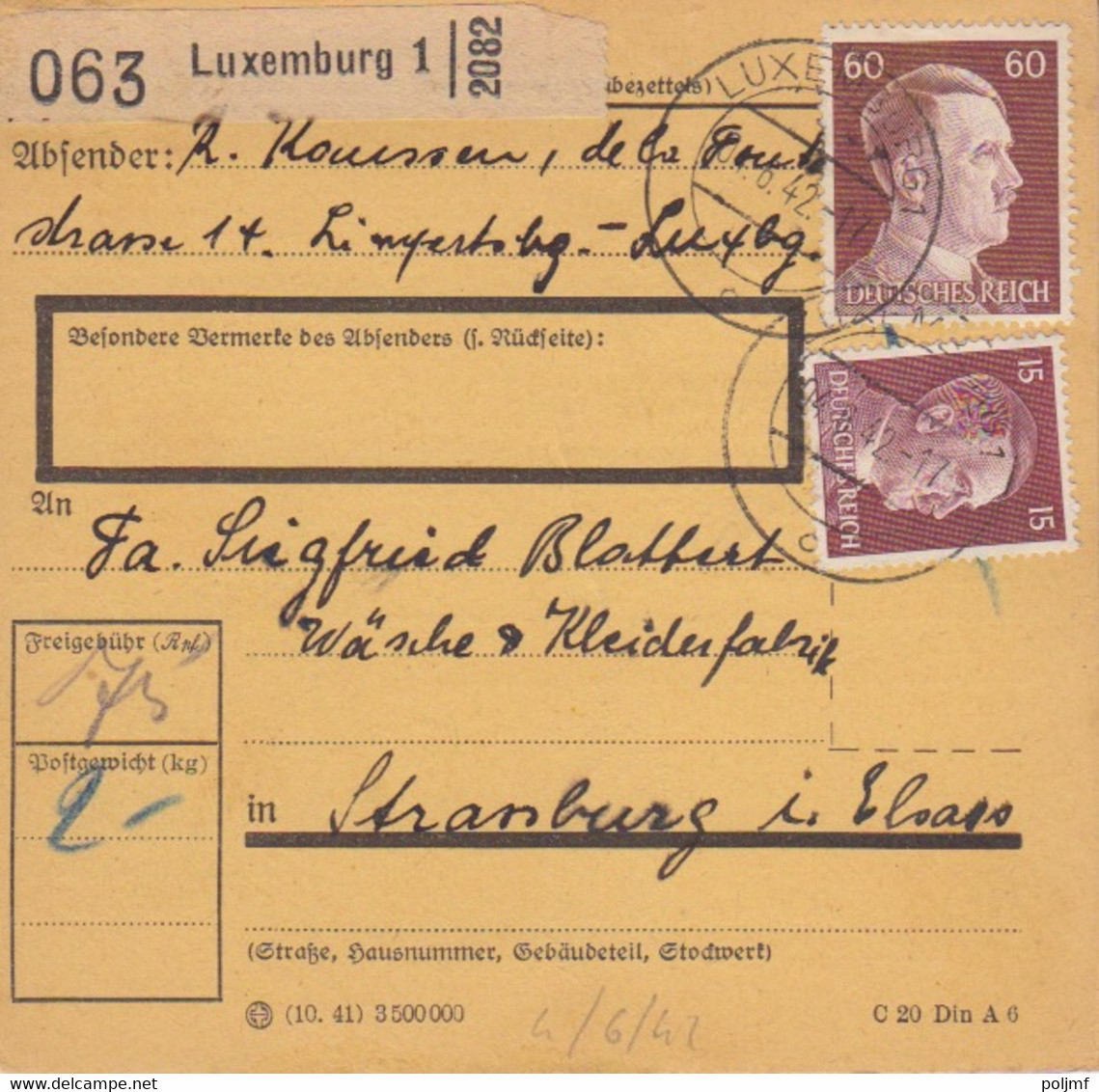 Bulletin D'expédition De Luxembourg 1c (T329) Sur TP Reich 15 + 60pf = 1°éch Le 4/6/42 Pour Strasbourg - 1940-1944 Duitse Bezetting
