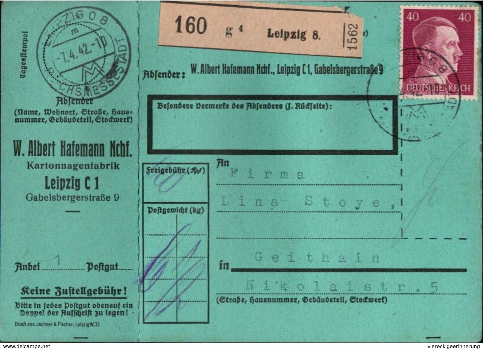 ! 1942 Leipzig Nach Geithain, Paketkarte, Deutsches Reich, 3. Reich - Brieven En Documenten