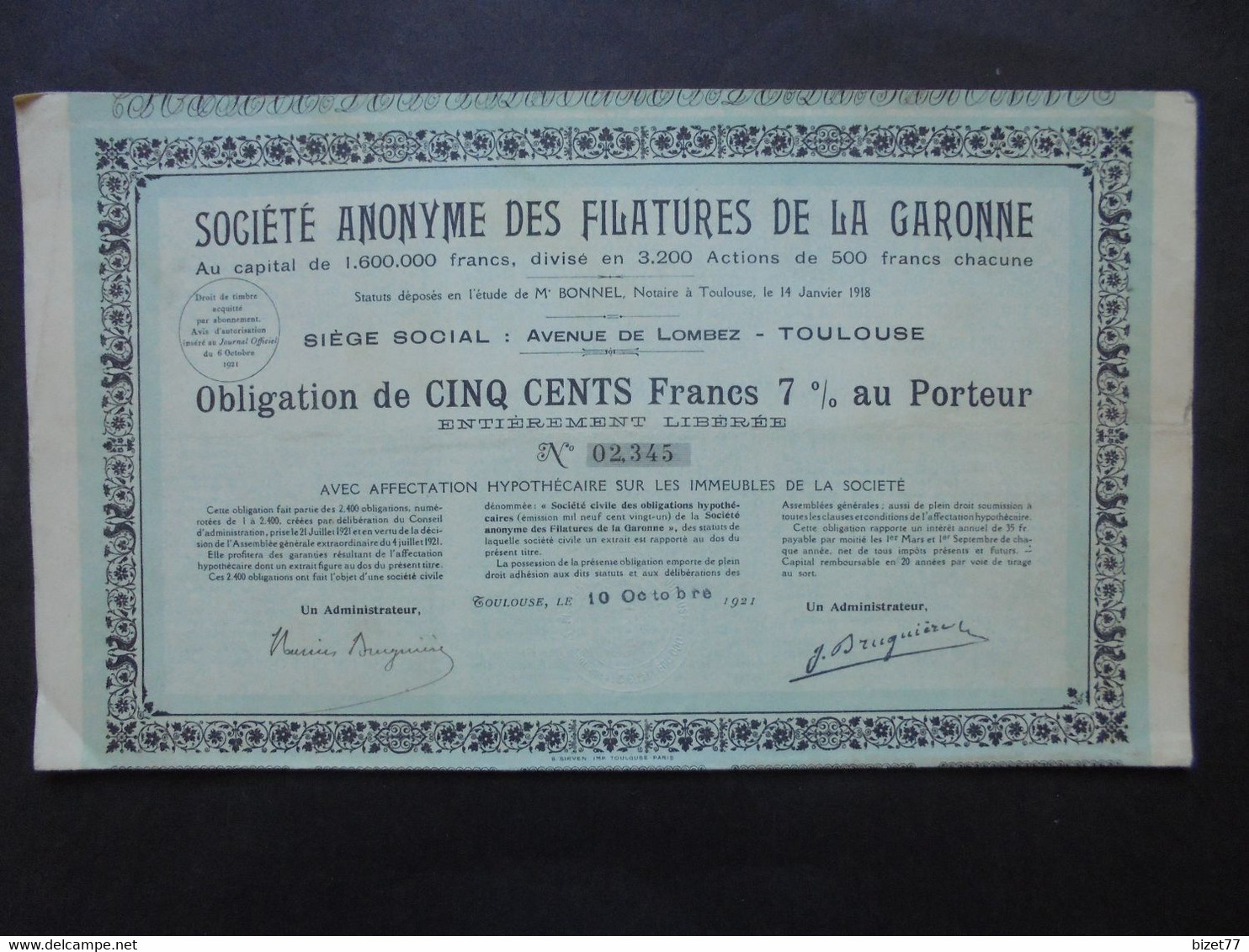 FRANCE - 31 - TOULOUSE 1921 - SA DES FILATURES DE LA GARONNE - OBLIGATION DE 500 FRS 7% - Sonstige & Ohne Zuordnung