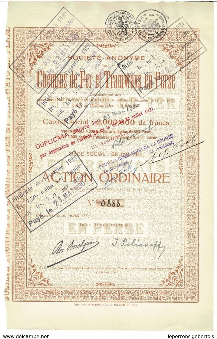 Titre Ancien - Société Anonyme De Chemins De Fer Et Tramways En Perse - Titre De 1887/1930 - - Ferrovie & Tranvie