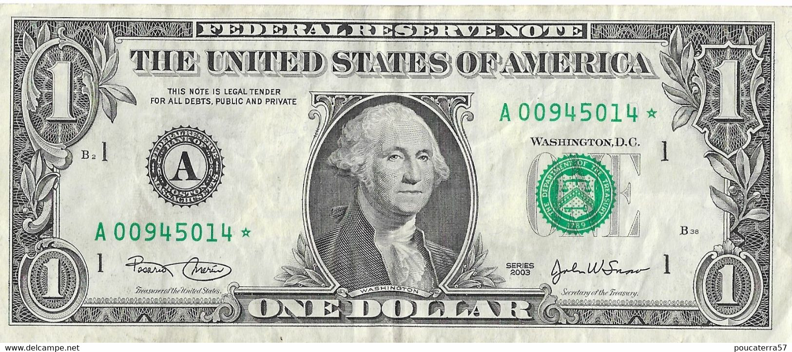 USA=2003   MASSACHUSETTS   STAR NOTE  1 DOLLAR   V FINE - Federal Reserve Notes (1928-...)