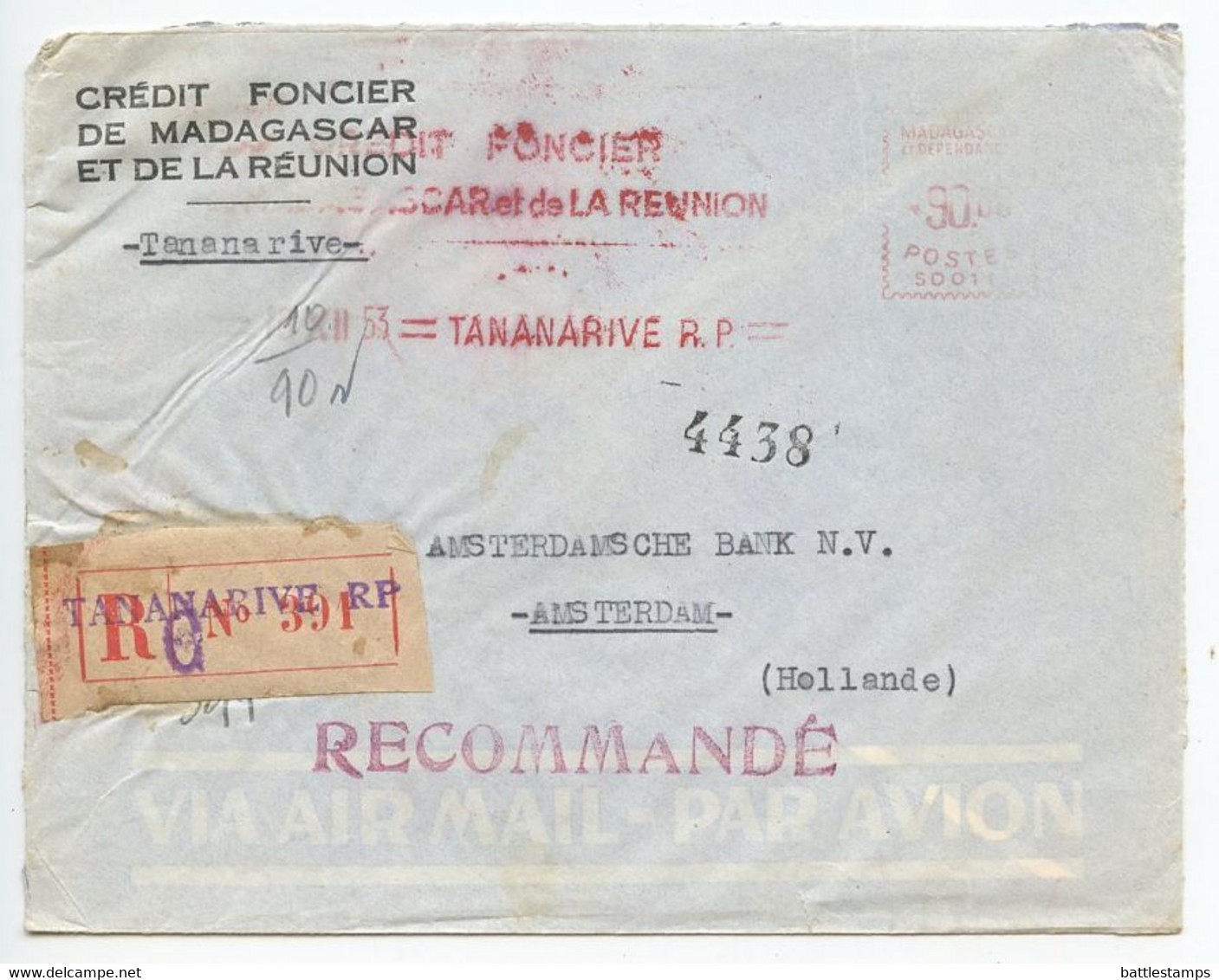 Madagascar 1953 Registered Airmail Cover Tananarive To Netherlands, Satas Meter - Other & Unclassified