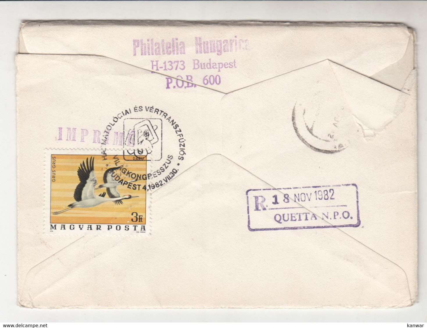 1982 MAGYAR TO PAKISTAN COVER WITH RED CROSS STAMP BLOOD HAEMATOLOGY BIRD - Altri & Non Classificati