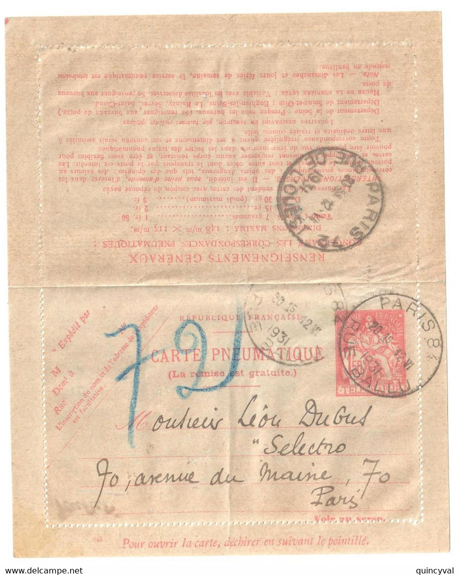 PARIS 8 Rue Ballu Carte Lettre Pneumatique Chaplain 1,50 F Yv 2605 Ob 1931 - Rohrpost