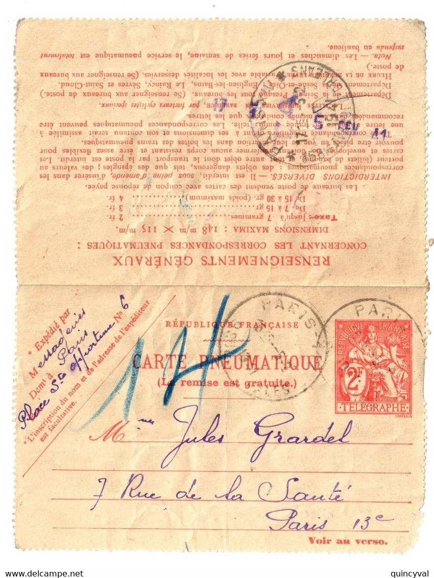 PARIS 117    9 Rue De Halles  Carte Lettre Pneumatique Chaplain 2 F Yv 2606 Ob 1931 - Rohrpost