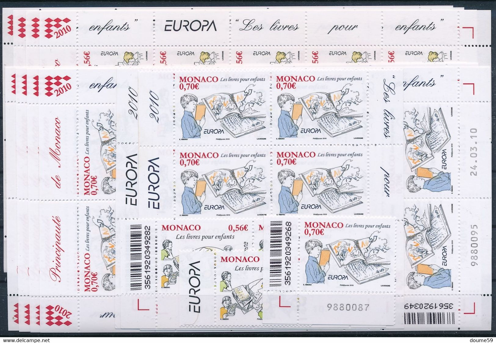 DS-468: MONACO: Lot Avec Stock Europa 2010**: 4 Feuillets Des N°2739 Et 2740 + Des Isolés: Faciale De 50.40 Euros - Unused Stamps