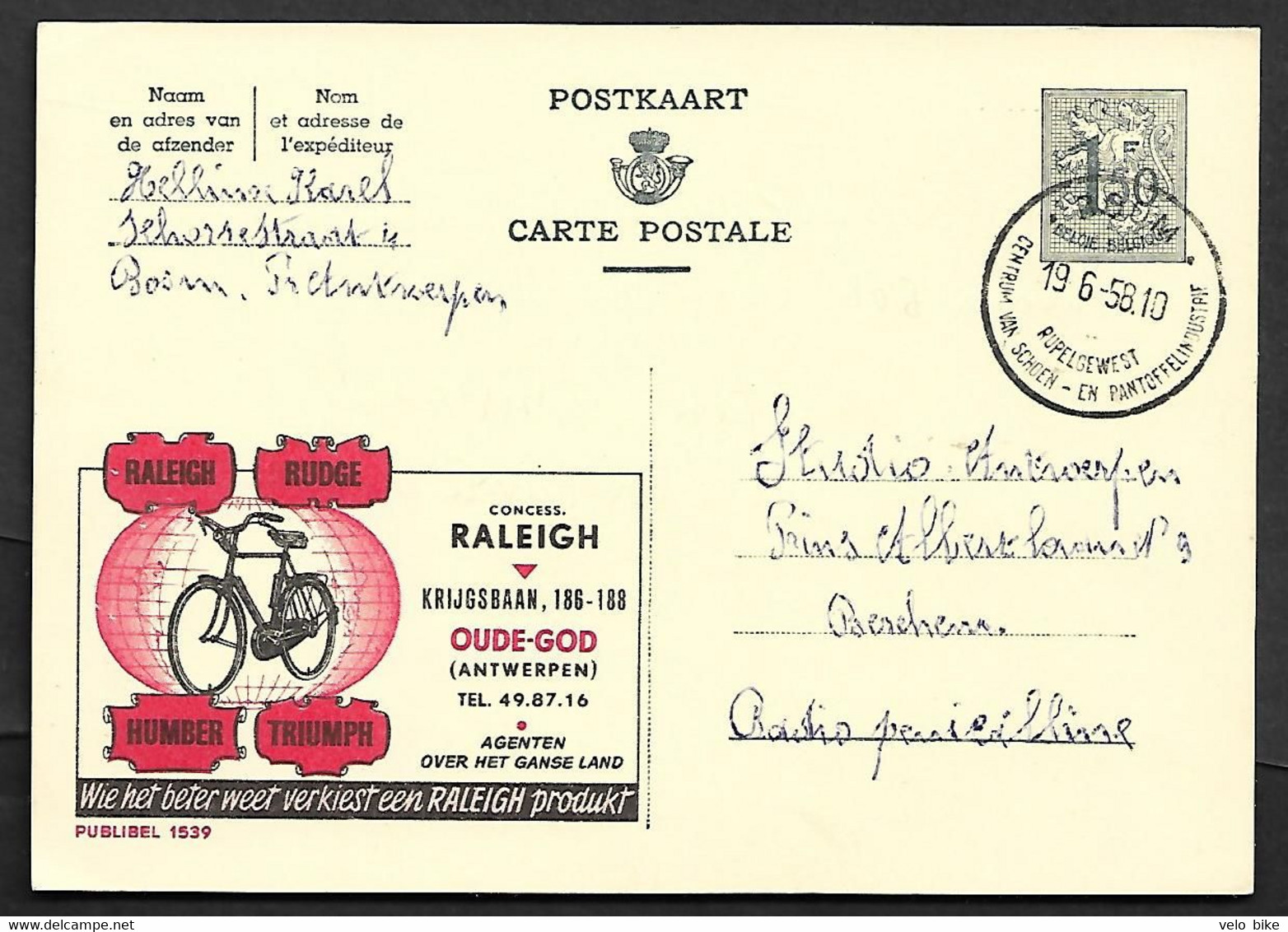 Belgium Publibel 1539 Used Cycling Fiets Fahrrad Bicycle Cyclism Motorcycle Ridge Triumph Humber Car Raleigh - Autres & Non Classés