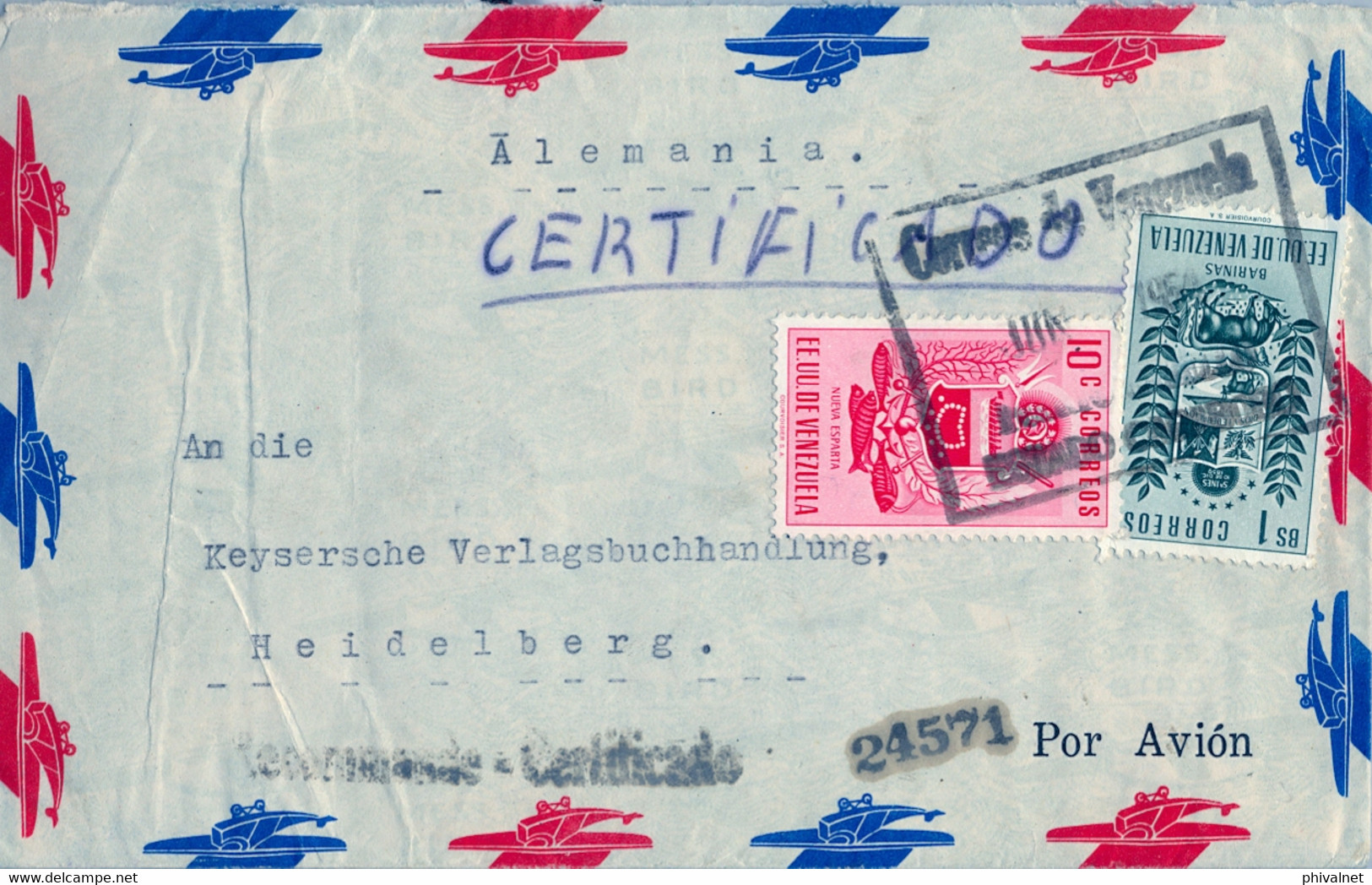 1954 VENEZUELA - PUERTO CABELLO / HEIDELBERG , SOBRE CERTIFICADO , ESCUDOS BARINAS , NUEVA ESPARTA , LLEGADA - Venezuela