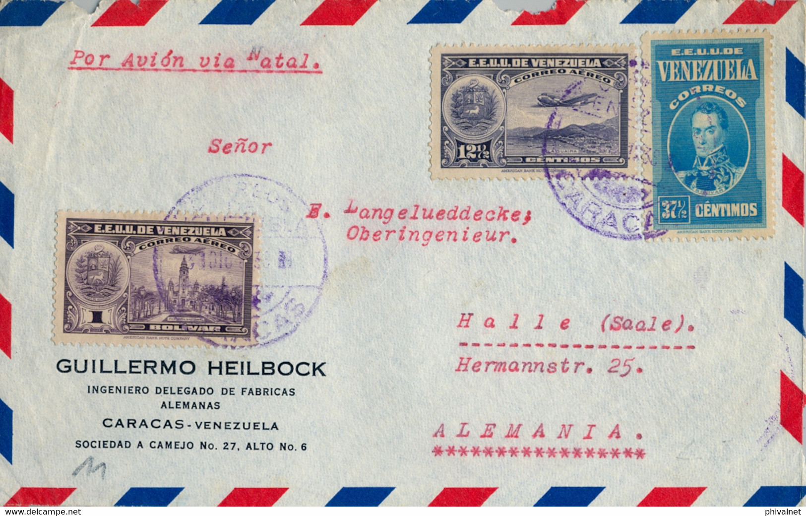 1938 VENEZUELA , CARACAS - HALLE , FRONTAL  CIRCULADO VIA NATAL  , CORREO AÉREO - Venezuela