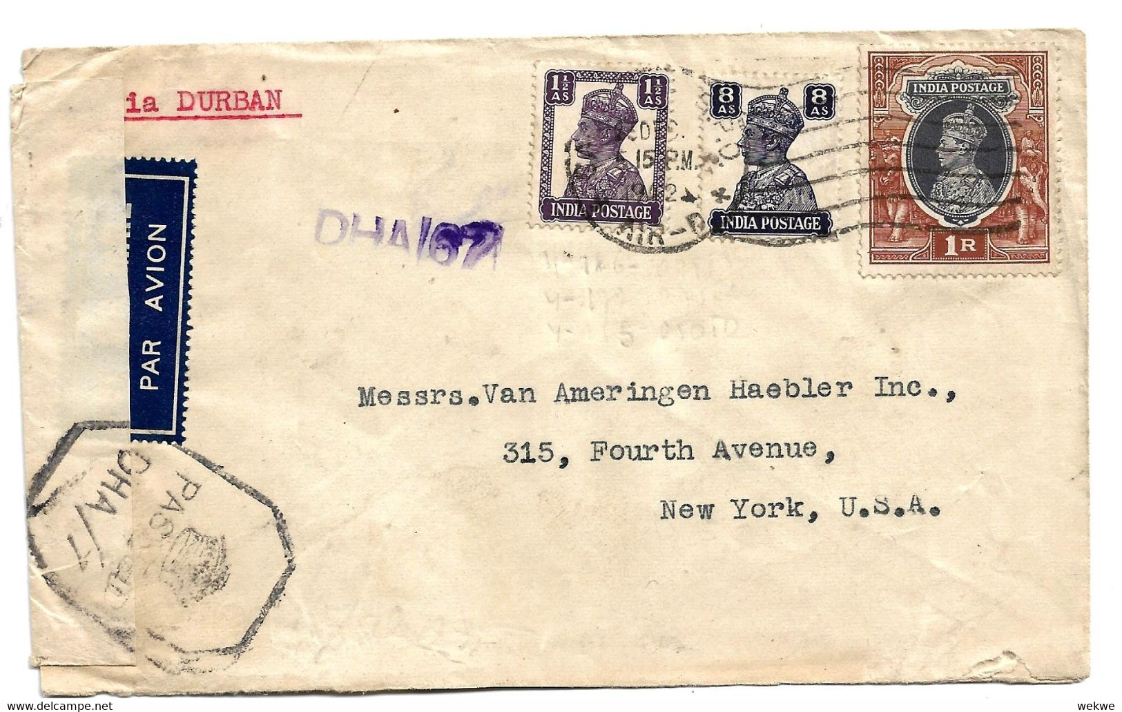 IB096 / INDIEN - Calcutta Nach N.Y. Via Durban (S.A.) 1942 - 1936-47 Roi Georges VI