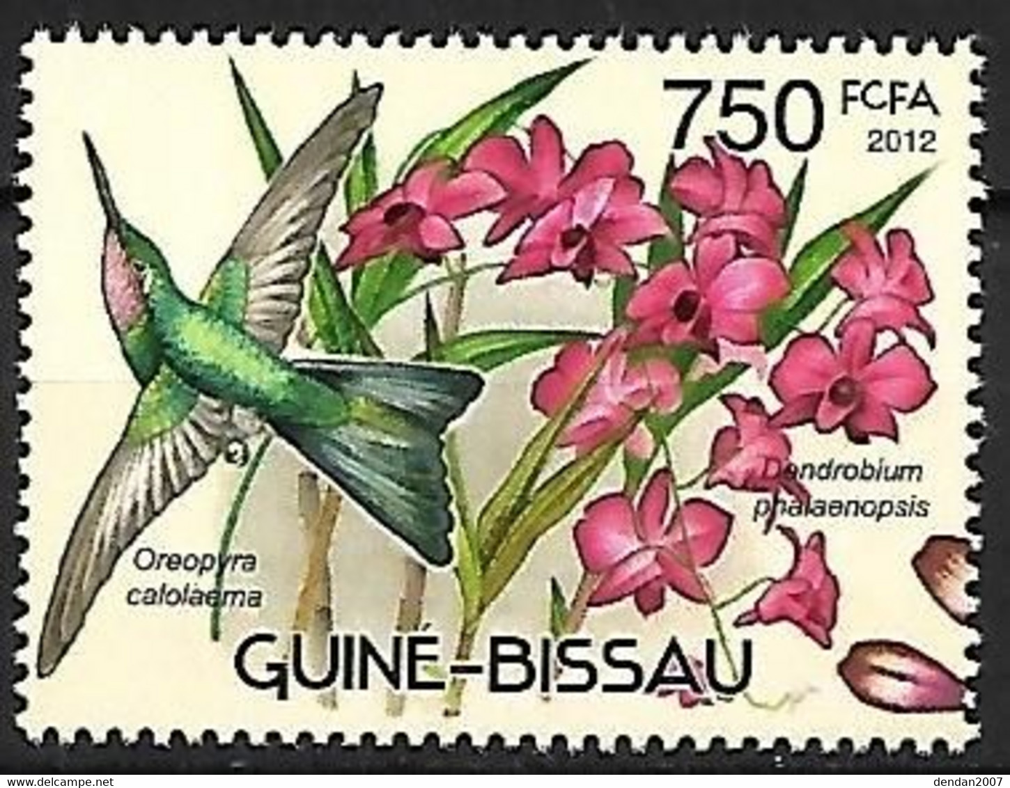 Guinea Bissau - MNH ** 2012 : Hummingbirds And Orchids :  Purple-throated Mountaingem  -  Lampornis Calolaemus - Kolibries