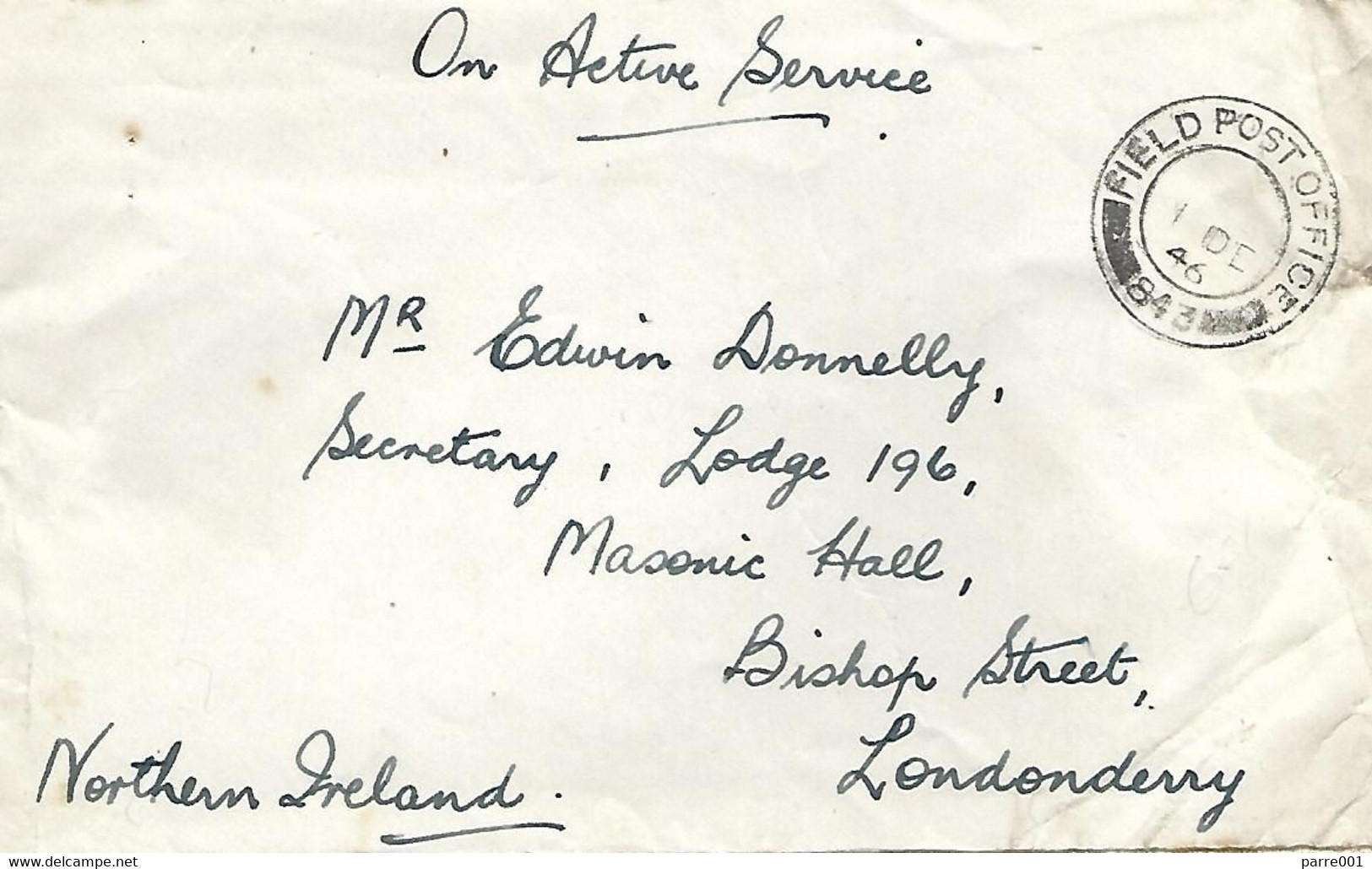 UK 1946 FPO 843 Gottingen Germany Deutschland BAOR Forces Military Unfranked Cover To Masonic Lodge Londonderry - Irlande Du Nord