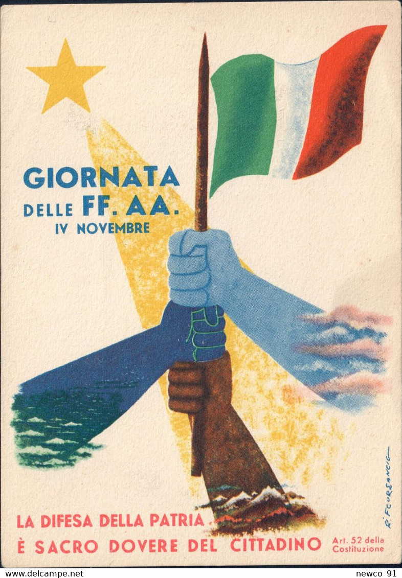 GIORNATA DELLE FORZE ARMATE IV NOVEMBRE - ILLUSTRATORE R. FLOREANCIG TIMBRO "DIREZIONE LAVORI GENIO MILITARE * BOLOGNA" - Regimientos