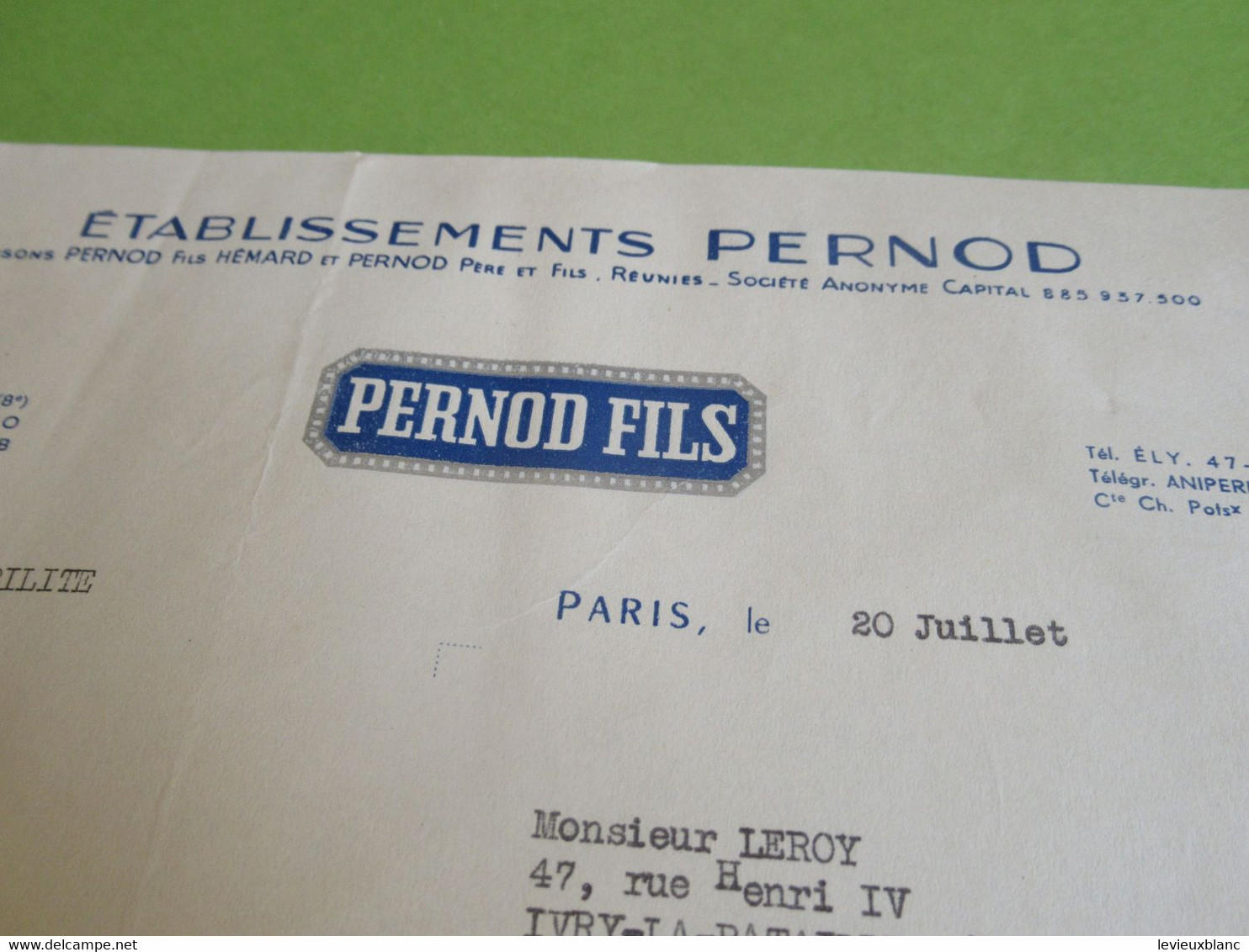 Lettre Commerciale/PERNOD FILS/ Service Comptabilité/ Paris / Leroy Rue Henri IV Ivry La Bataille/ /1955   FACT362 - Fatture