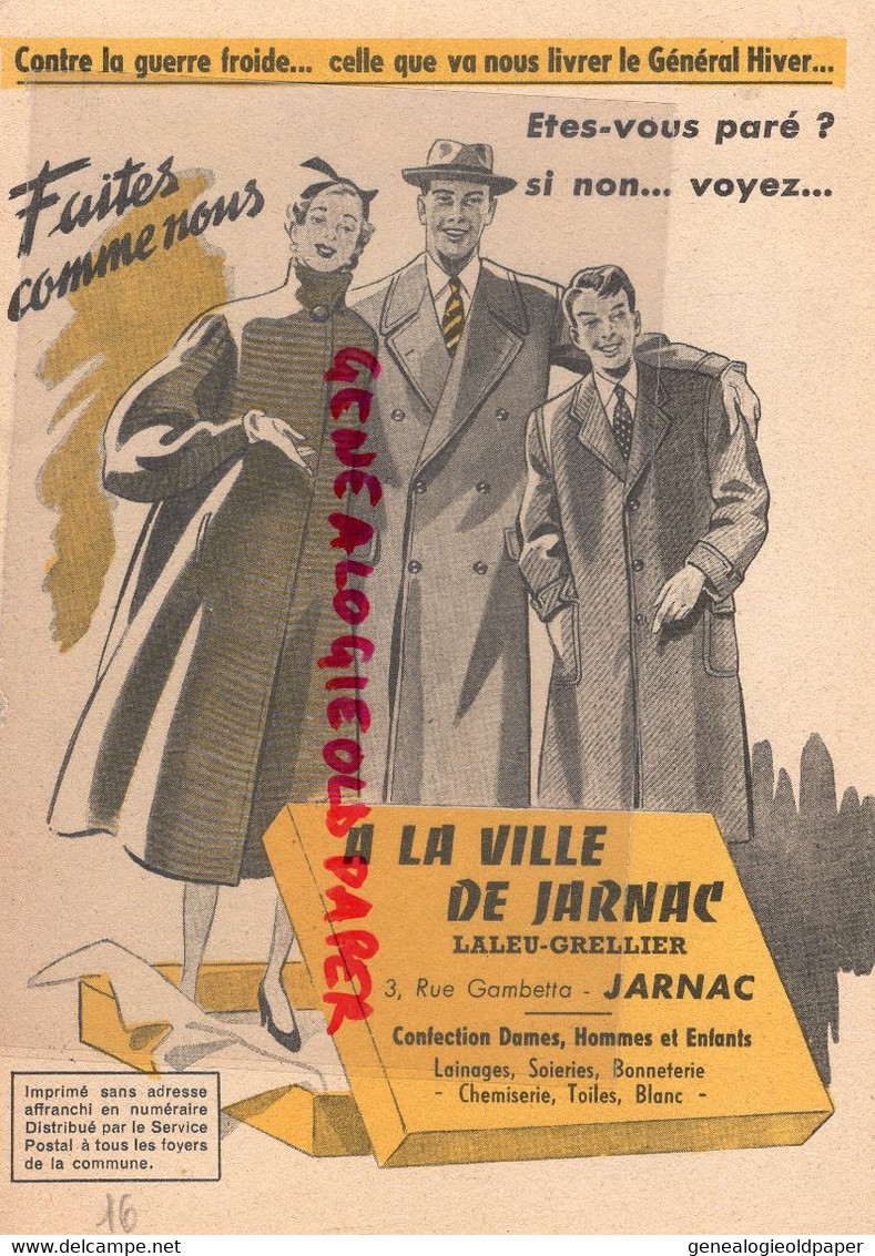 16- JARNAC - DEPLIANT PUBLICITAIRE MAGASIN A LA VILLE DE JARNAC COSTUME- LALEU-GRELLIER-VETEMENTS MODE- 3 RUE GAMBETTA- - Kleding & Textiel