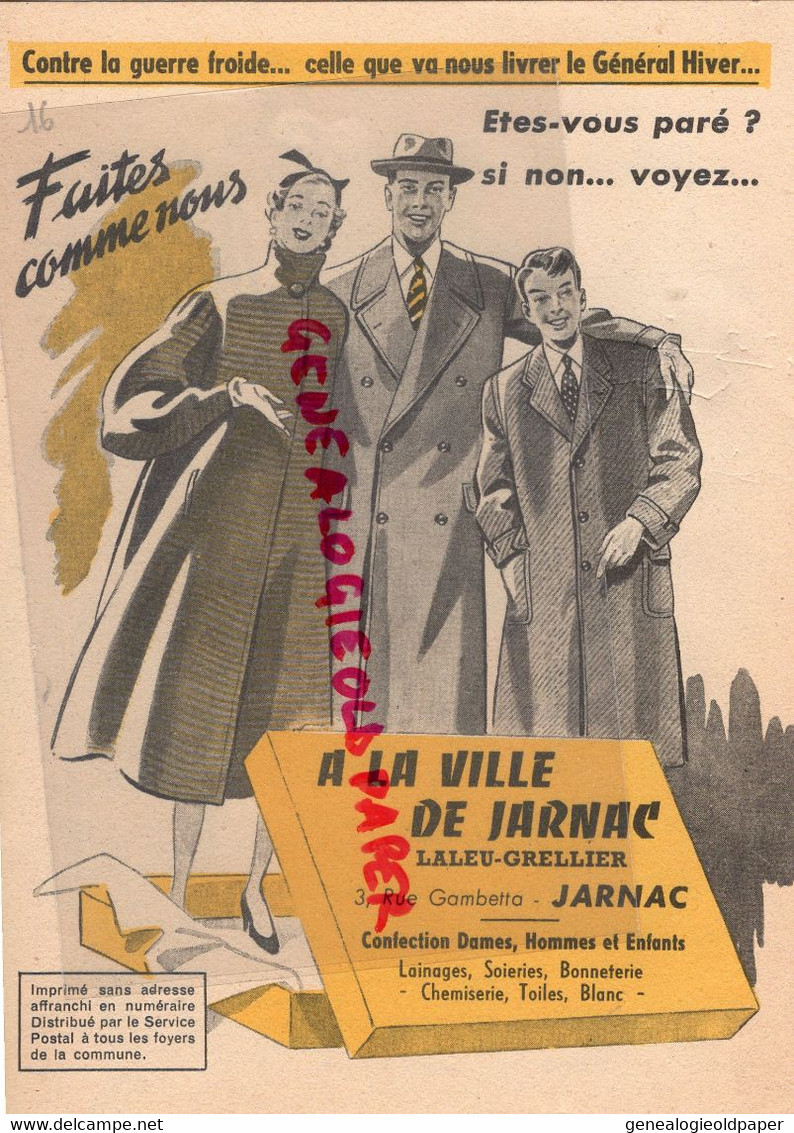 16- JARNAC - DEPLIANT PUBLICITAIRE MAGASIN A LA VILLE DE JARNAC COSTUME- LALEU-GRELLIER-VETEMENTS MODE- 3 RUE GAMBETTA- - Werbung