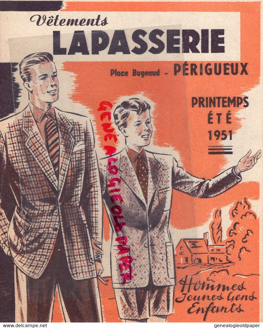 24- PERIGUEUX - DEPLIANT VETEMENTS LAPASSERIE -PLACE BUGEAUD ETE 1951- TAILLEUR-SAHARIENNE-GOLF-NORFOLK-COMMUNION - Advertising