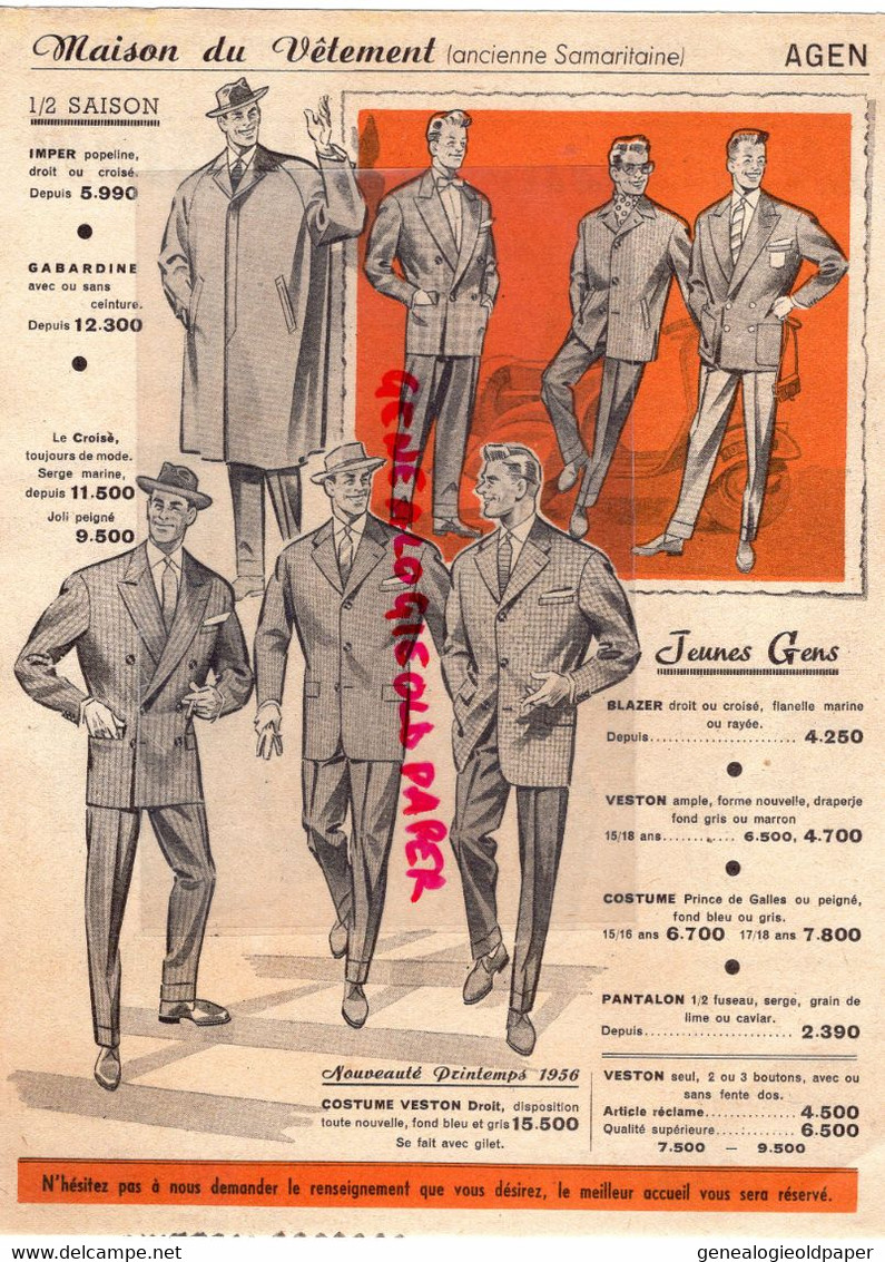 47- AGEN-DEPLIANT MAISON DU VETEMENT-SAMARITAINE-BD REPUBLIQUE-COMMUNION-COSTUME-BLAZER-GABARDINE-SMOKING - Werbung