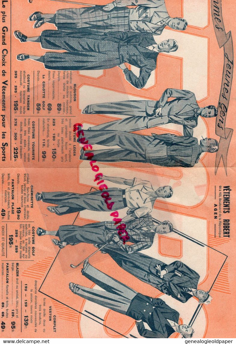 47- AGEN- DEPLIANT VETEMENTS ROBERT- 99 BD REPUBLIQUE-1939-COSTUME-GOLF-GABARDINE-TENNIS-NORFOLK-MARIN-SMOKING - Werbung