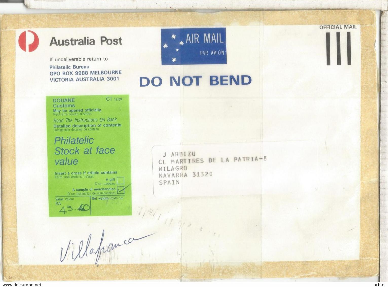 AUSTRALIA OFFICIAL MAIL TO SPAIN  DOUANE C1 - Servizio