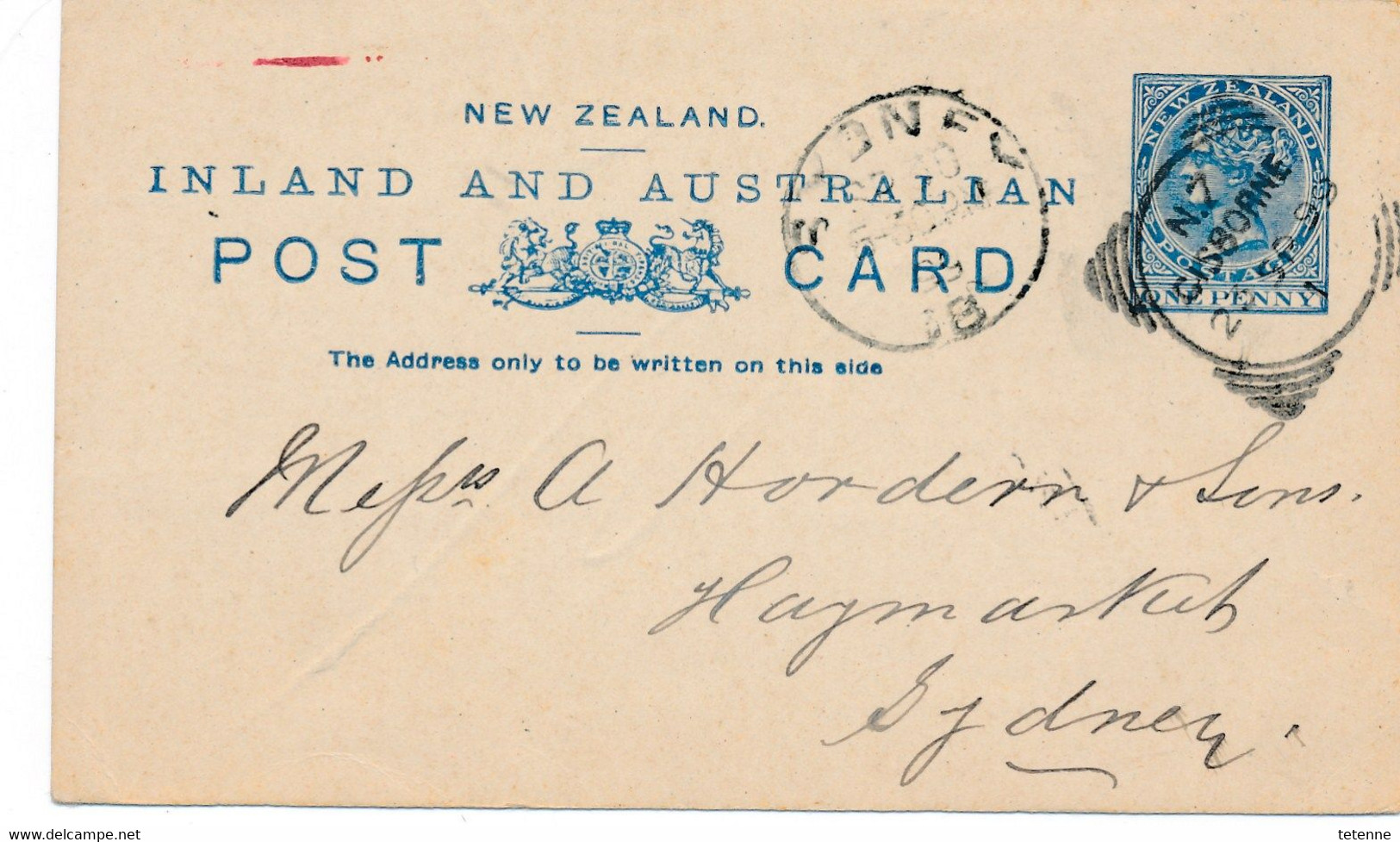 1 CARTE ENTIER  POSTAL POSTAUX NEW ZELAND ZEALAND De GISBORNE Pour SYDNEY AUSTRALIE HAYMARKET NSW 1899 - Autres & Non Classés