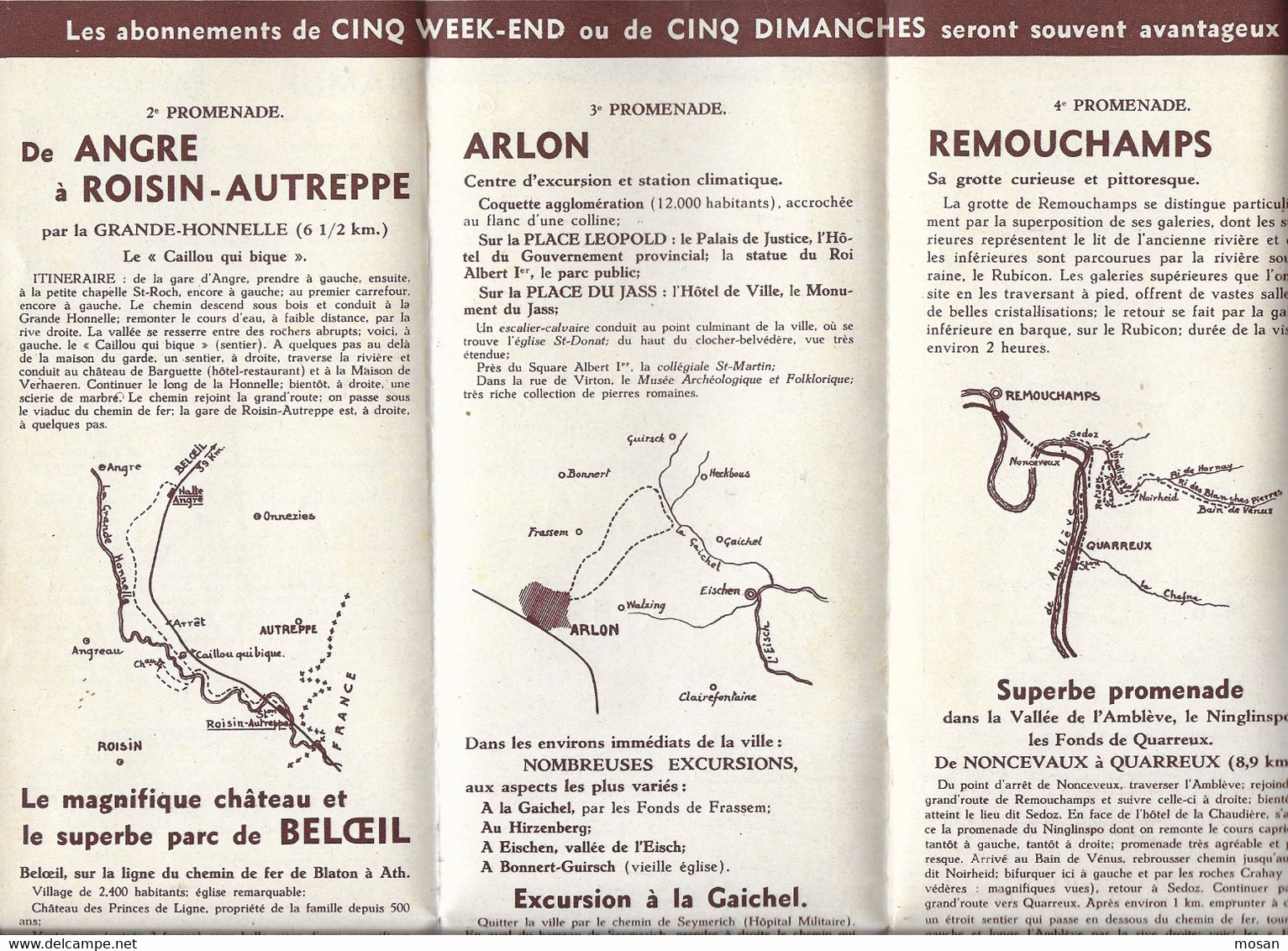 Dépliant.  Chemins De Fer Belges. Anfre-Roisin, Arlon, Remouchamps, Lierre, Calmpthout. - Tourism Brochures