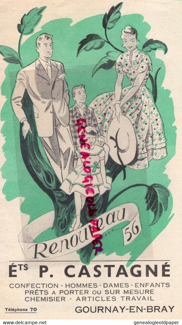 76-GOURNAY EN BRAY- DEPLIANT VETEMENTS -P. CASTAGNE-RENOUVEAU 1956- COMMUNION-COSTUME-GABARDINE-PIGEON VOYAGEUR- - Publicités