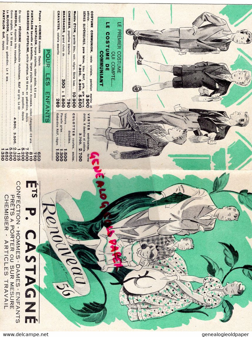 76-GOURNAY EN BRAY- DEPLIANT VETEMENTS -P. CASTAGNE-RENOUVEAU 1956- COMMUNION-COSTUME-GABARDINE-PIGEON VOYAGEUR- - Publicités