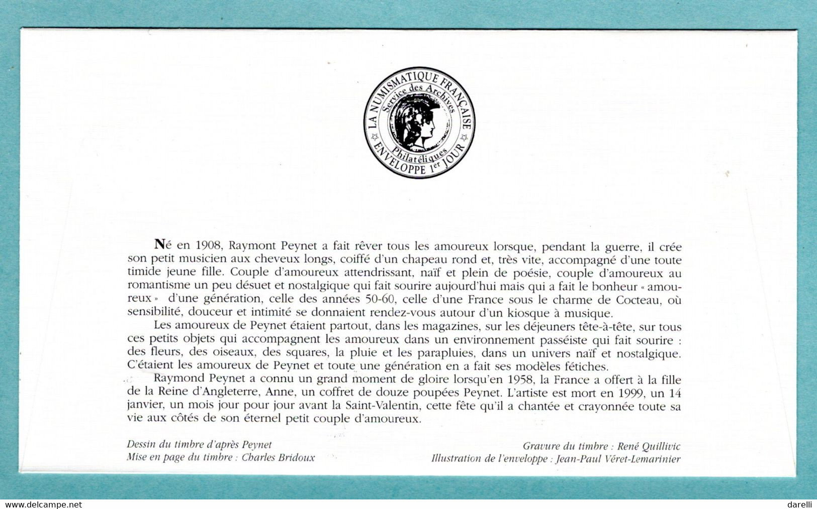 FDC France 2000 - Le Kiosque Des Amoureux De Raymond Peynet  - YT 3359 - 26 Valence - 2000-2009