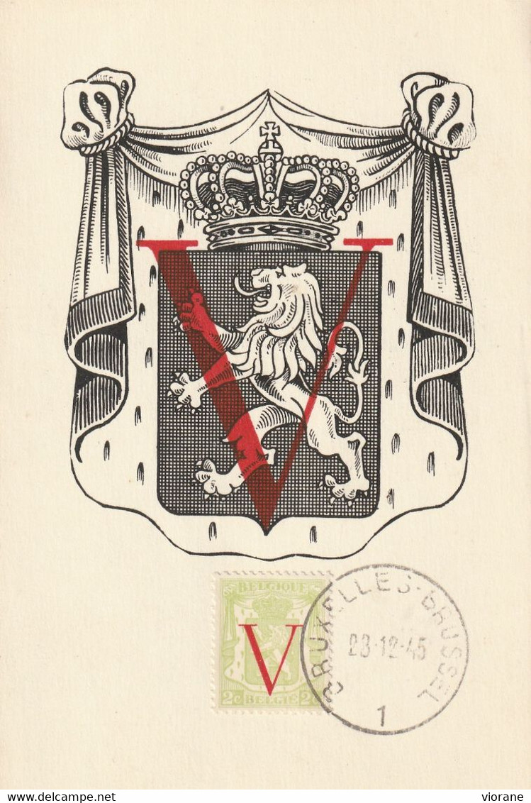 Carte Maximum -  Ecusson Bruxelles 1945 Timbre 2c  Barré D'un V Rouge - 1934-1951