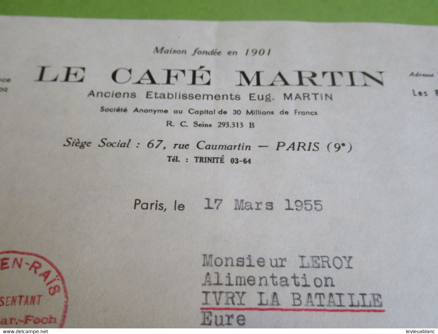 Lettre Commerciale/LE CAFE MARTIN/Paris/LEVALLOIS/Leroy/Rue Henri IV/Ivry La Bataille/Eure//1955   FACT365 - Invoices