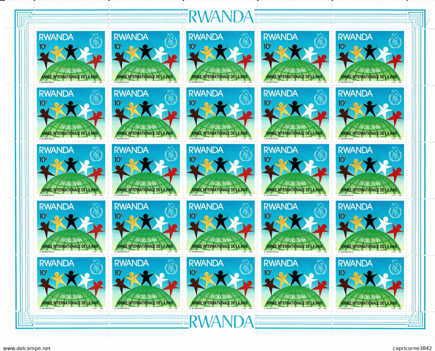 1986 - Rwanda - ANNE INTERNATIONALE DE LA PAIX - Feuille Entière De 25 Tp N° 1225 - Neufs