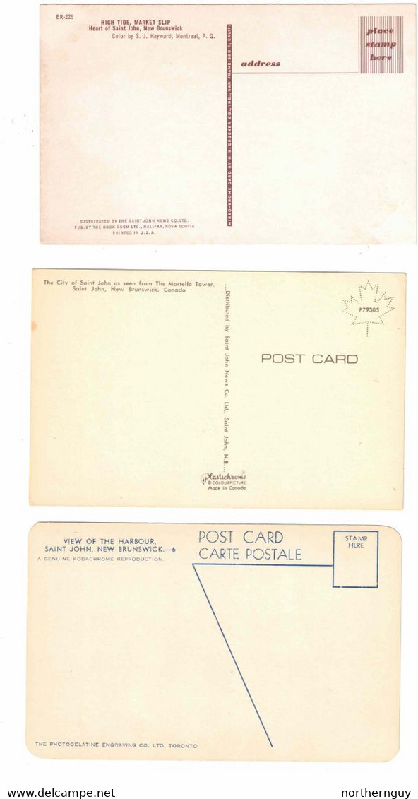 3 Different ST. JOHN, New Brunswick, Harbour, Old Chrome Postcards - St. John
