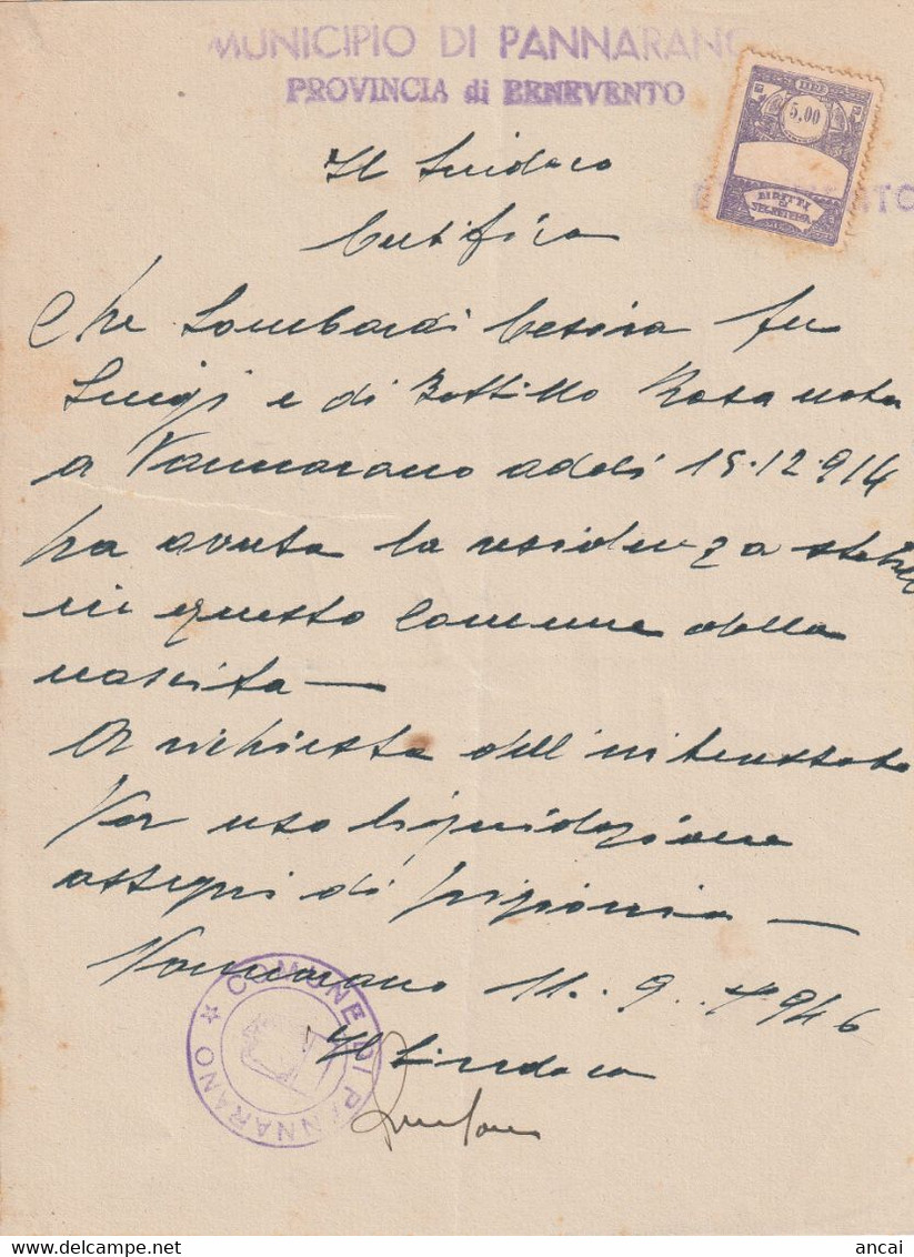 Pannaro. 1946. Marca Municipale (comunale) Diritti Di Segreteria L. 5,00, Su Certificato Di Residenza - Unclassified