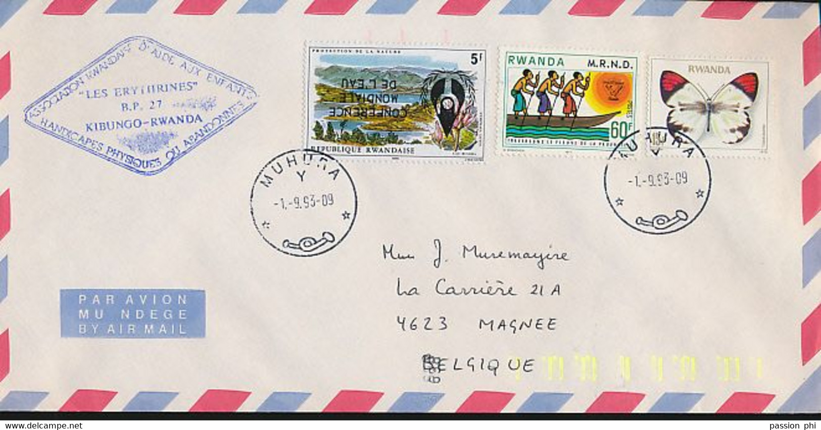 RWANDA COVER FROM MUHURA 01.09.93 TO BELGIUM INVERTED OVERPINT - Gebruikt