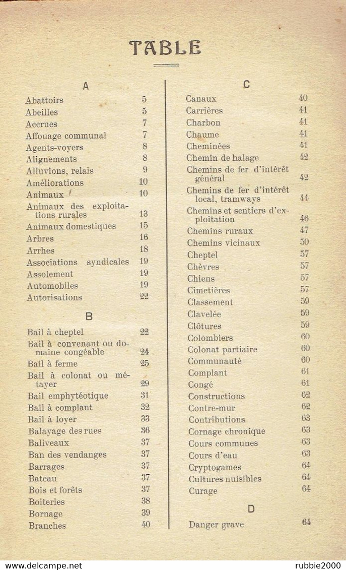 DICTIONNAIRE ANALYTIQUE JURIDIQUE DU CODE RURAL 1911 REGIME DU SOL DES EAUX POLICE RURALE LOIS SUR LA CHASSE ET PECHE - Right