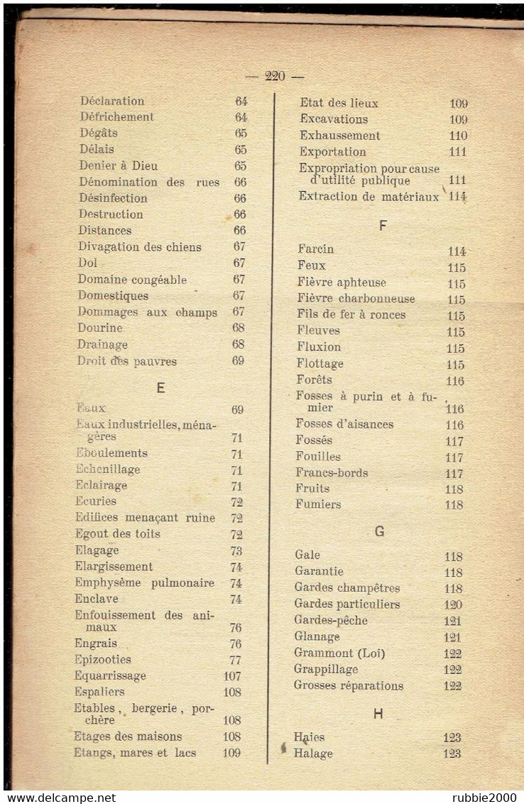 DICTIONNAIRE ANALYTIQUE JURIDIQUE DU CODE RURAL 1911 REGIME DU SOL DES EAUX POLICE RURALE LOIS SUR LA CHASSE ET PECHE - Right