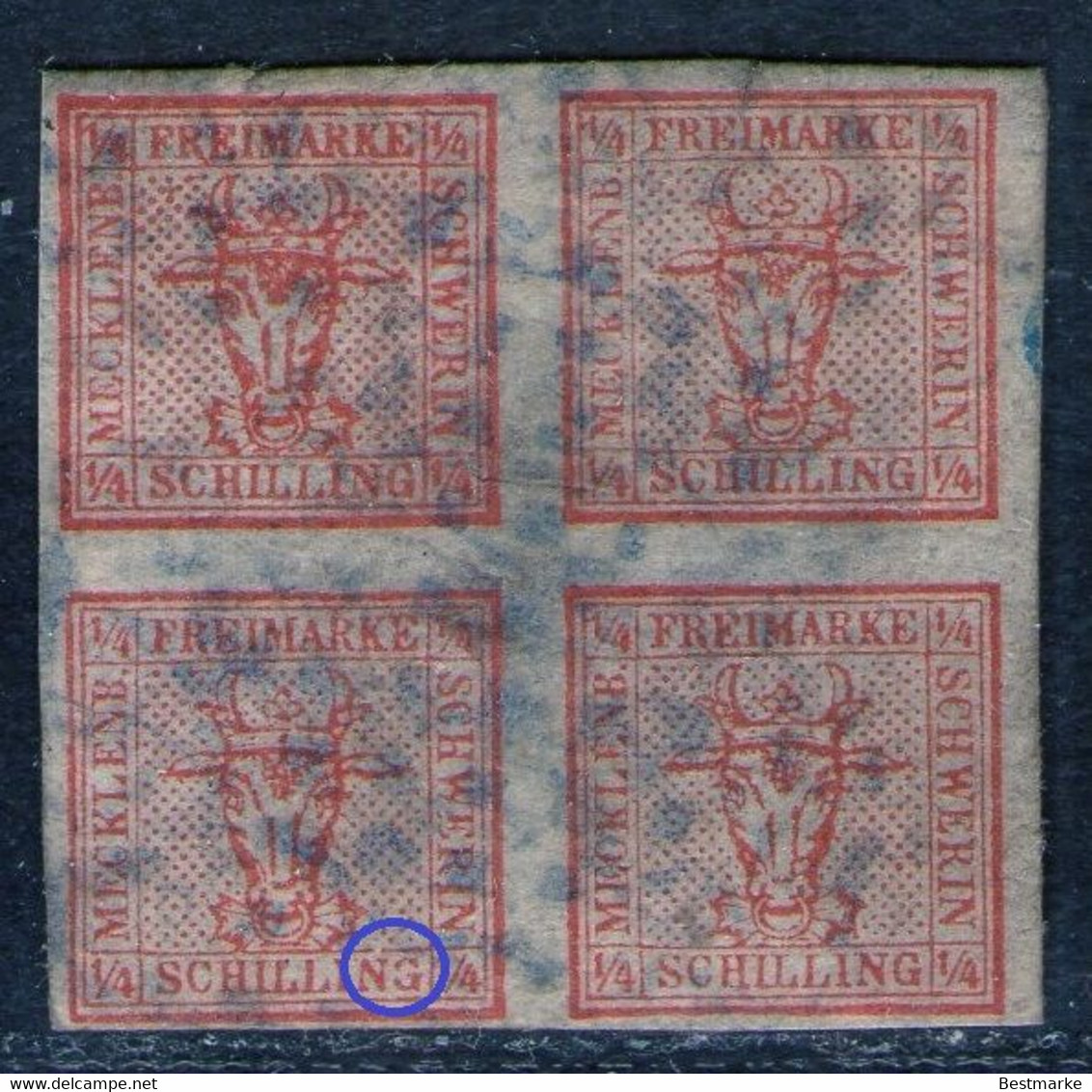 Blauer Punktstempel Von Rostock Auf 4/4 Shilling Rot - Meckl. Schwerin Nr. 1 - Geprüft - Mecklenbourg-Schwerin