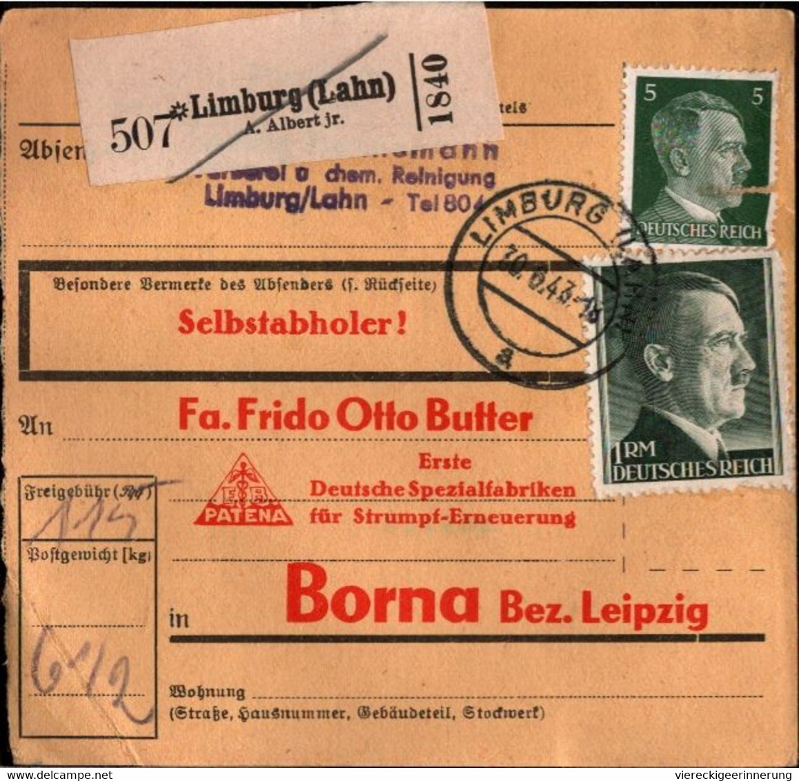 ! 1943 Limburg A.d. Lahn Nach Borna, Bogenrand, Paketkarte, Deutsches Reich, 3. Reich - Briefe U. Dokumente