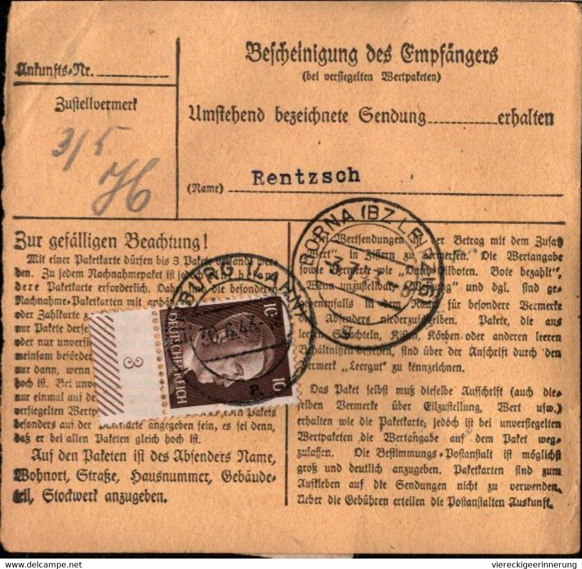 ! 1943 Limburg A.d. Lahn Nach Borna, Bogenrand, Paketkarte, Deutsches Reich, 3. Reich - Briefe U. Dokumente