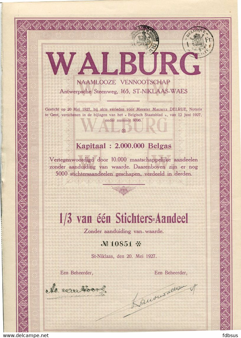 Walburg NV Sint Niklaas - Gesticht Op 20 Mei 1927 - Aandeel Nr 10851 - Alle 30 Coupons Nog Aangehecht - In Mooie Staat - W - Z