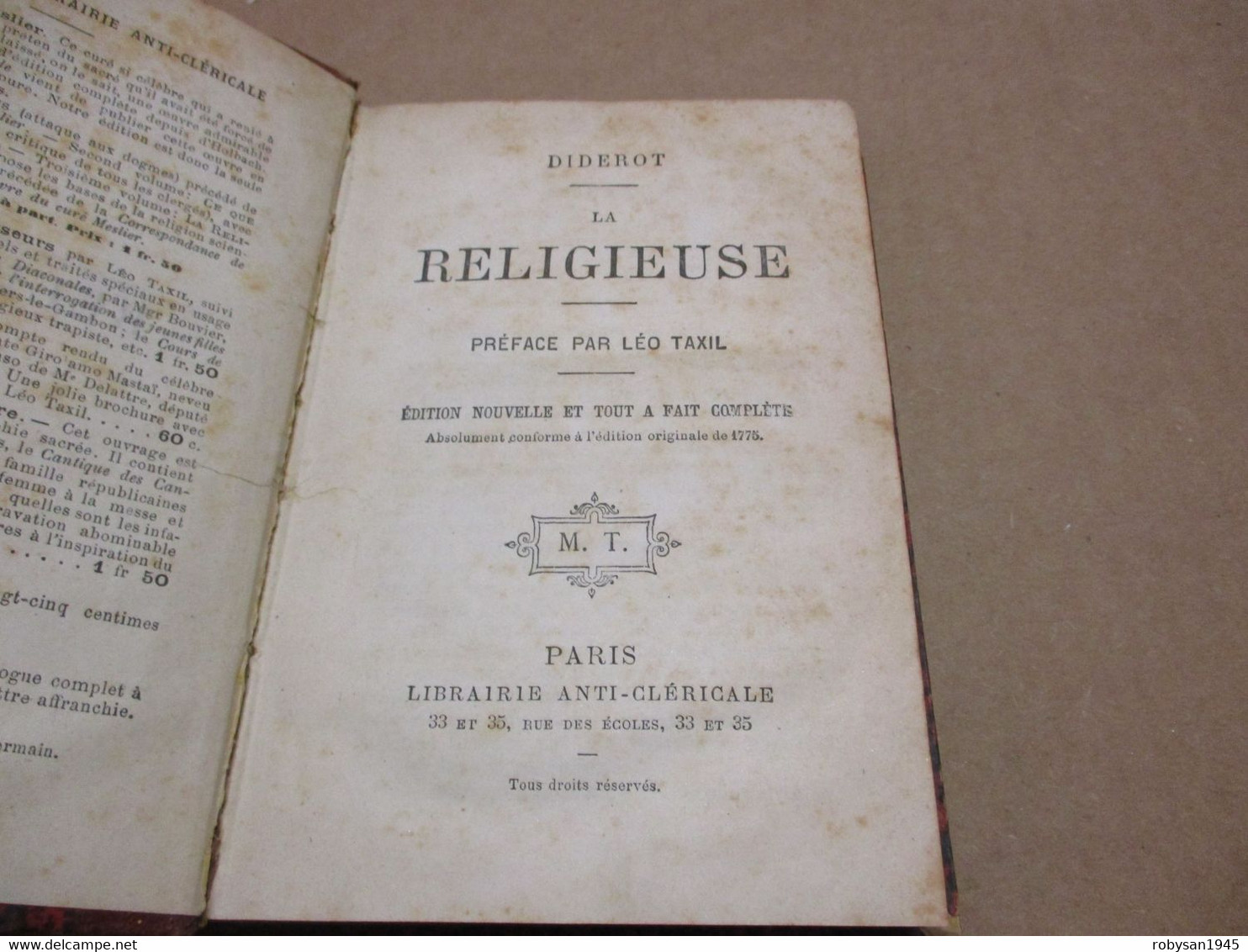 Diderot - Diderot - La Religieuse - Librairie Anticlericale 1775 - Preface Par Leo Taxil - 1775 - 1701-1800