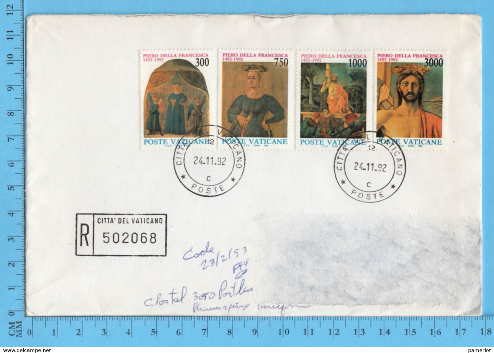 Vatican - 4 X 1992 Piero Della Francesca Stamps , Registered Governatorato To Sherbrooke P. Quebec, Many Postmark - Briefe U. Dokumente