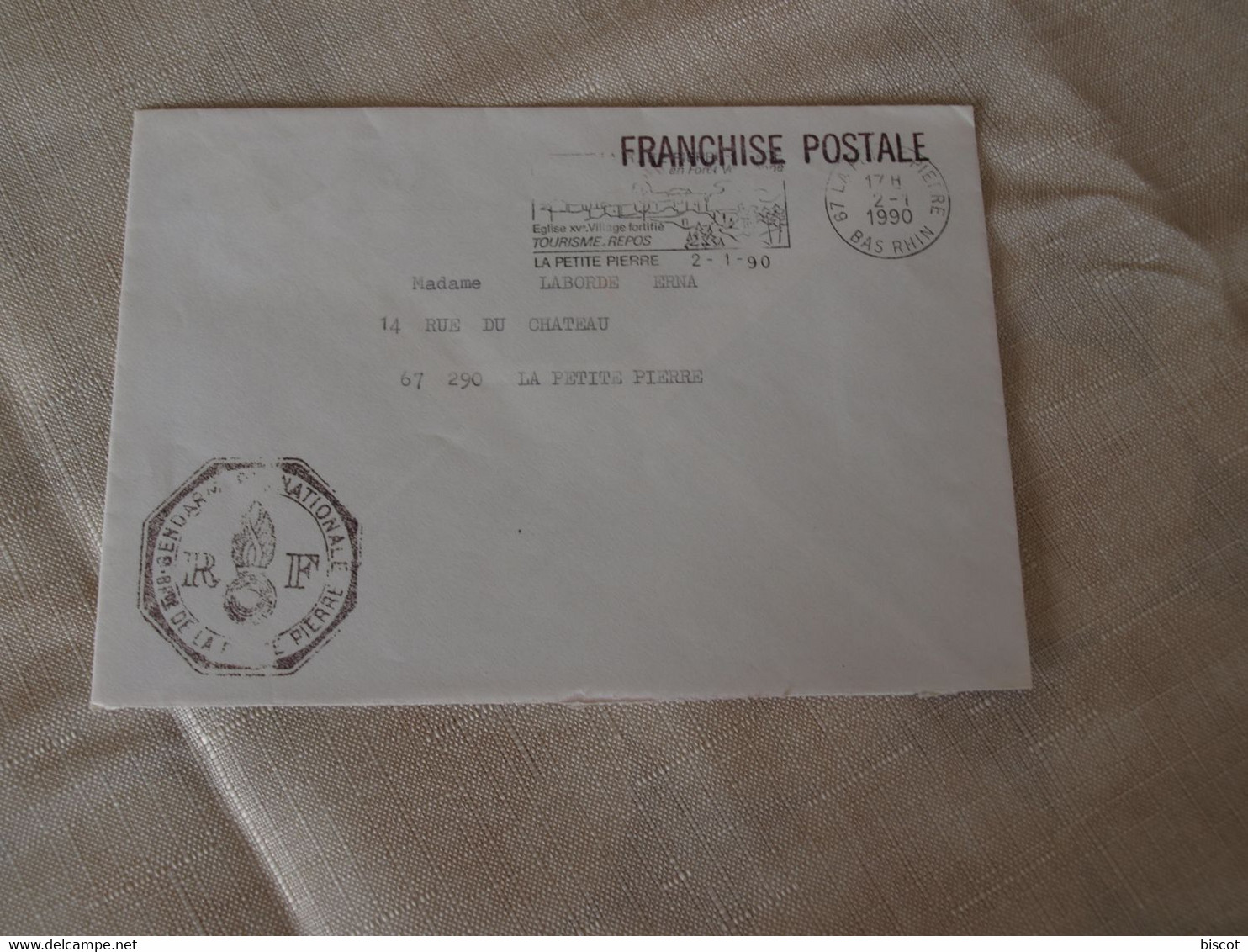 Gendarmerie  Franchise Postale  Flamme La Petite Pierre  2 Janvier 1990 - Autres & Non Classés