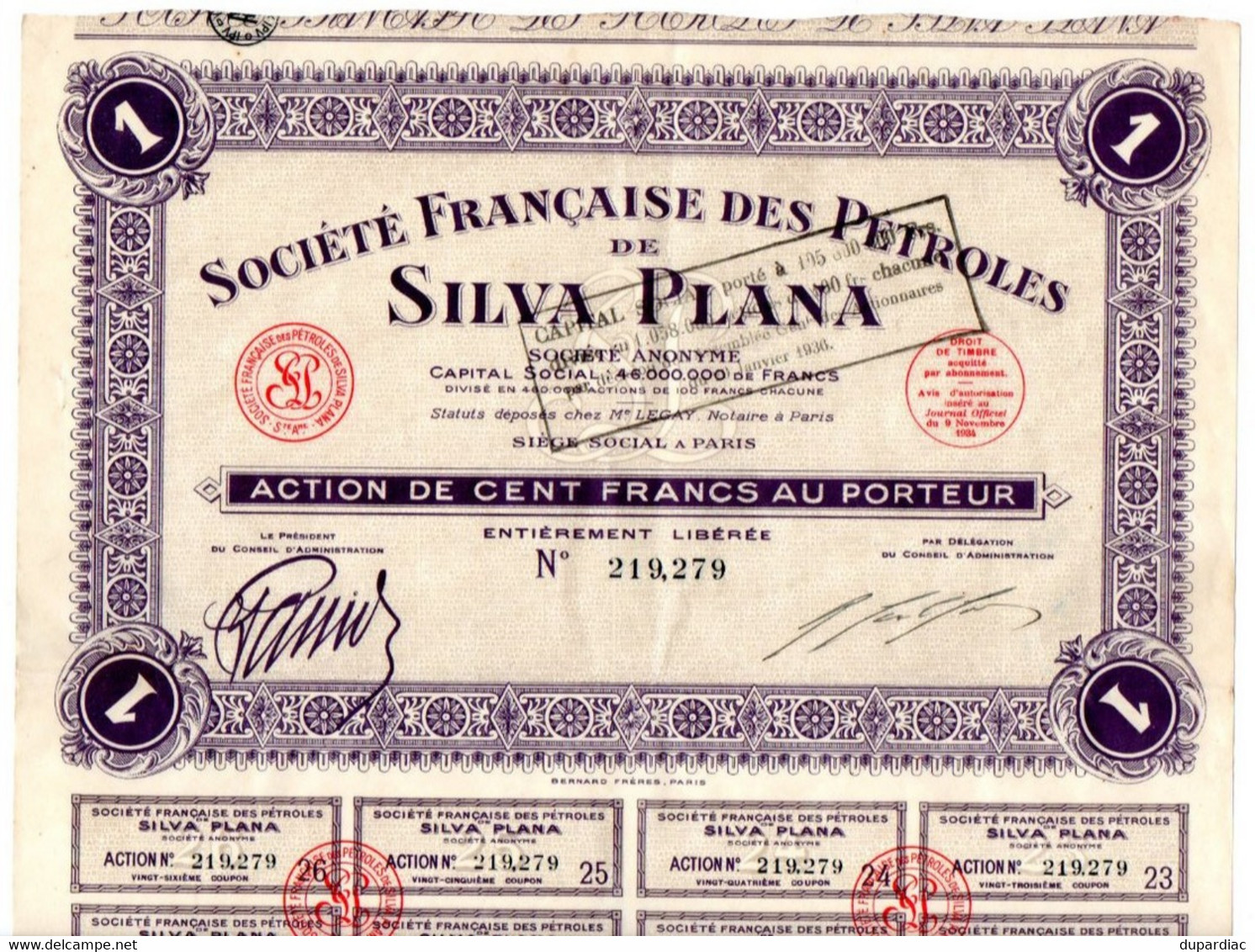 ACTION Au Porteur De 100 Francs : SOCIETE FRANCAISE Des PETROLES De SILVA PLANA. - Oil